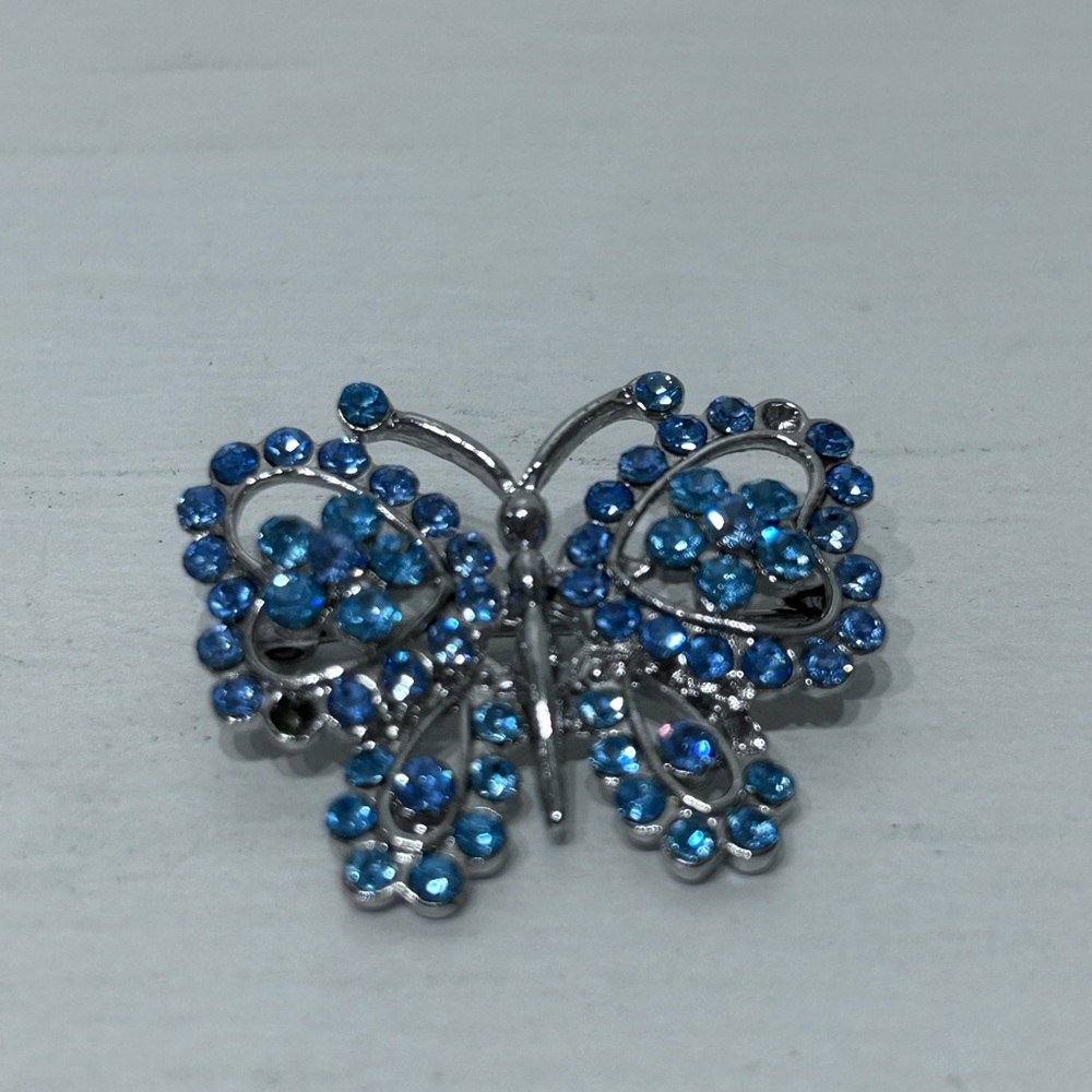 Vintage Butterfly Brooch with Blue Rhinestones‎ around 3.5 inches - Picture 3 of 5